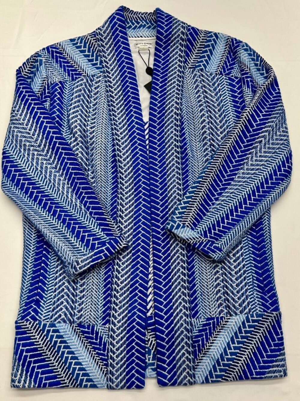 Betty Chow Womens Blue & White Chevron Pattern Open Front Jacket - Size S - Picture 15 of 16